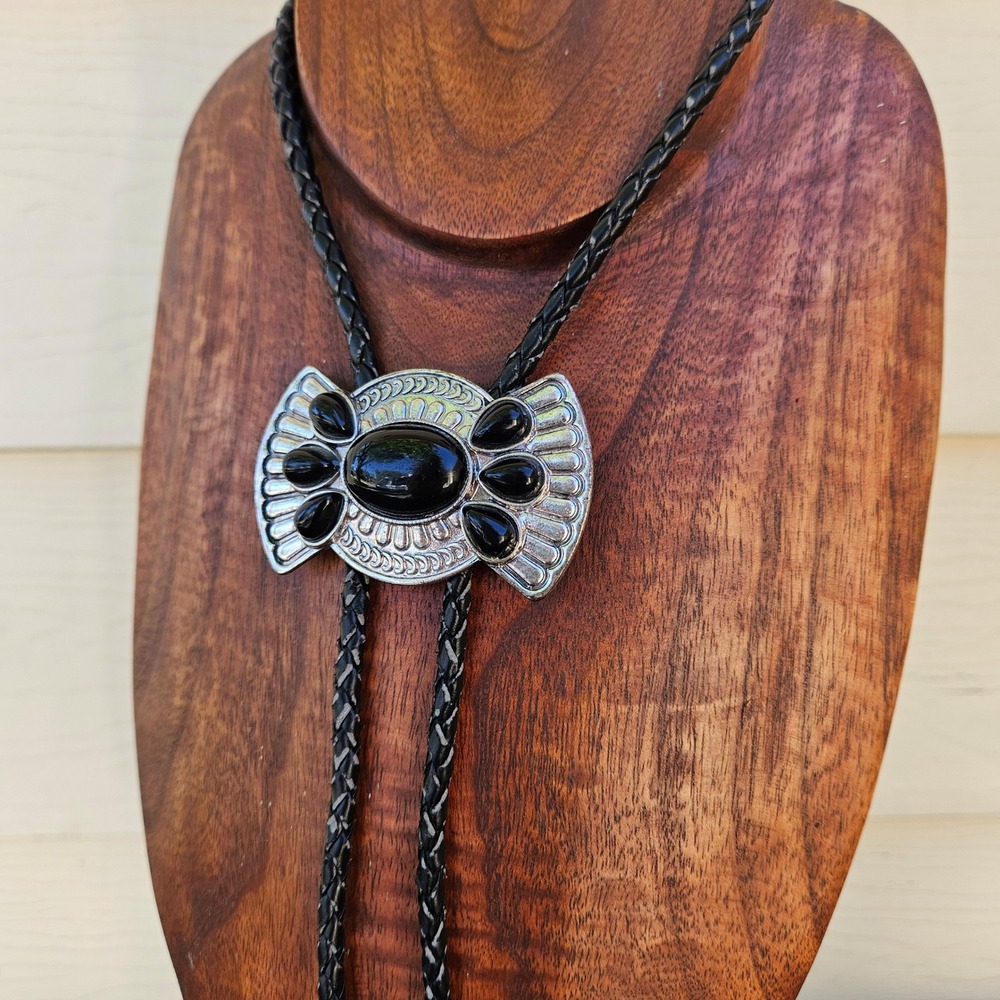 Vintage Silver Tone Black Stone Bow Bolo Tie Braided Western Cowboy Necktie XL